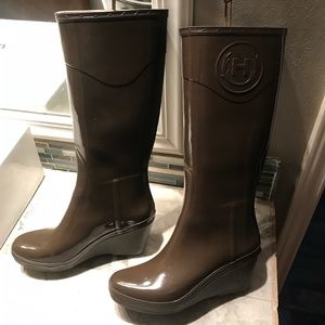 HUNTER Champery Crest Wedge Rain Boots UK 8 EUR 42 US 10 matte cappuccino Brown